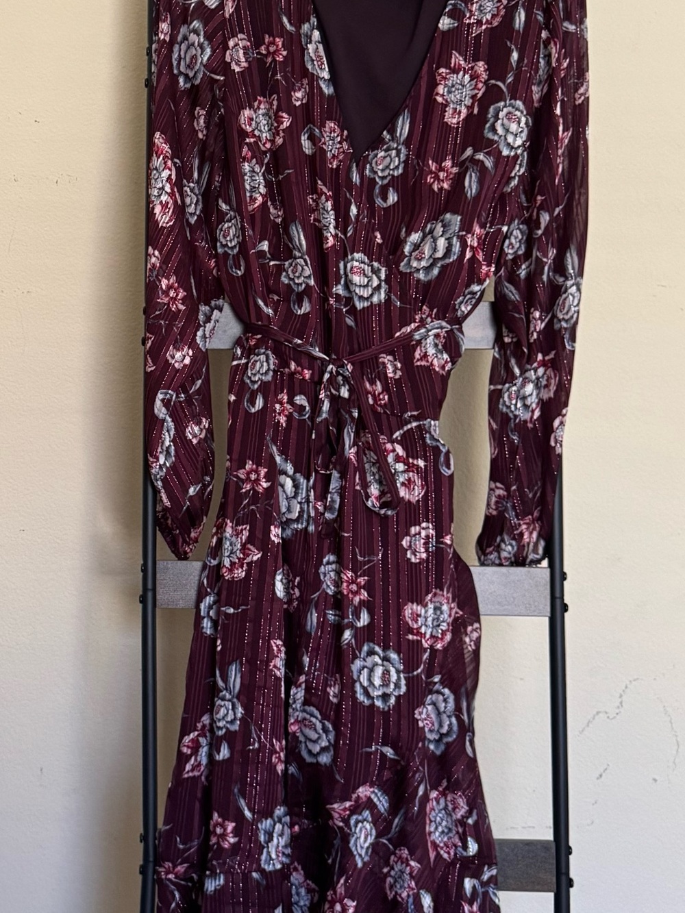 RACHEL Rachel Roy Burgundy Floral Long-Sleeve Midi Dress - Size 18